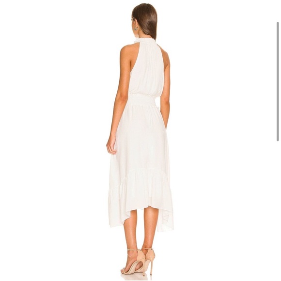 1.STATE High Mock Halter Neck Tiered Ruffle Midi White Ivory Smocked Waist Dress - Picture 7 of 7